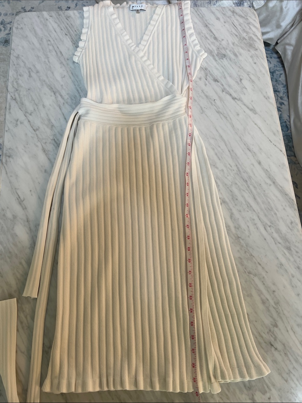 Milly Cream Ribbed Wrap-Style Midi Knit Sweater Dress - Picture 2 of 9